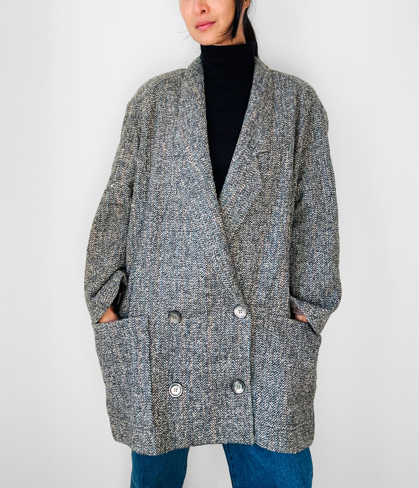 1980s Grey Speckled Wool Tweed LOUBEN Double-Breasted Blazer Jacket - Sz. S/M