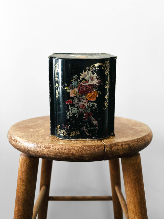 Vintage Mid-Century Black Floral Motif Decorative Lidded Tin