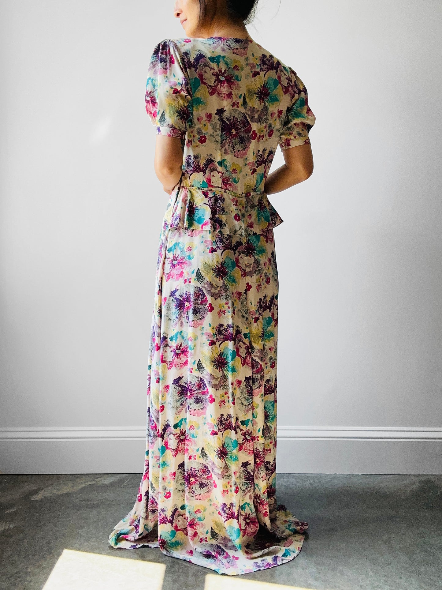 1930s Floor Length Floral Peplum Waist Dress - Sz. Sm