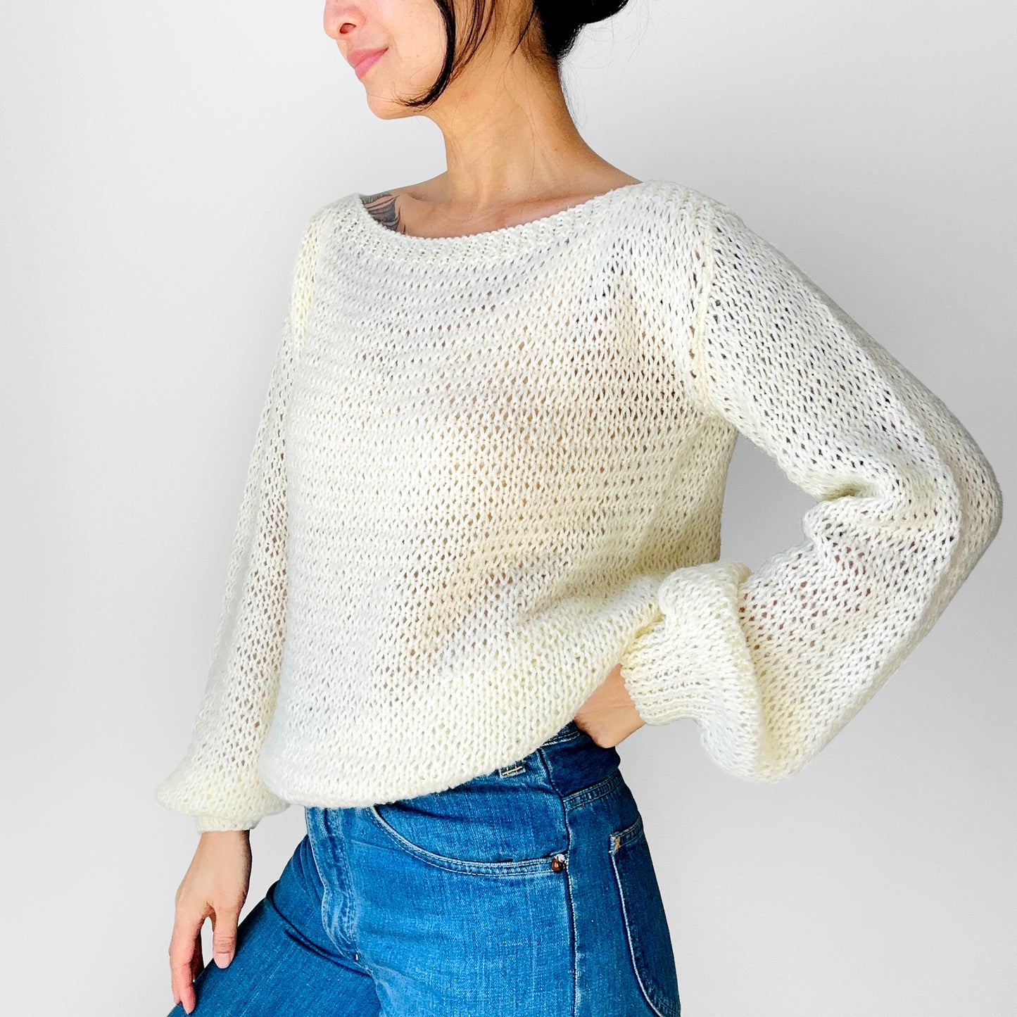 1970s - 1980s Butter Cream Long Sleeve Boatneck Acrylic Knit Long Sleeve Top - Sz. S