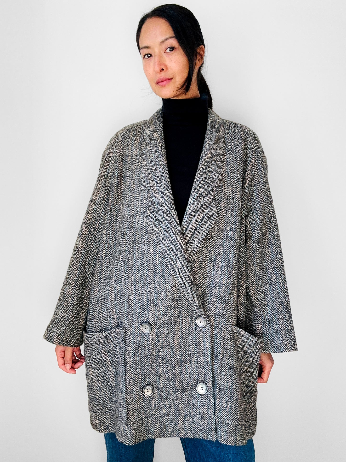 1980s Grey Speckled Wool Tweed LOUBEN Double-Breasted Blazer Jacket - Sz. S/M