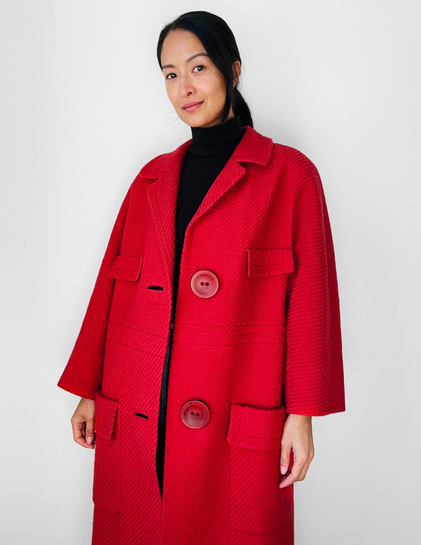 1960s Coral Red Wool Blend Large Button Shift Coat