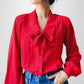 1970s - 1980s Red Pleated Chest Tied Neck Blouse - Sz. S