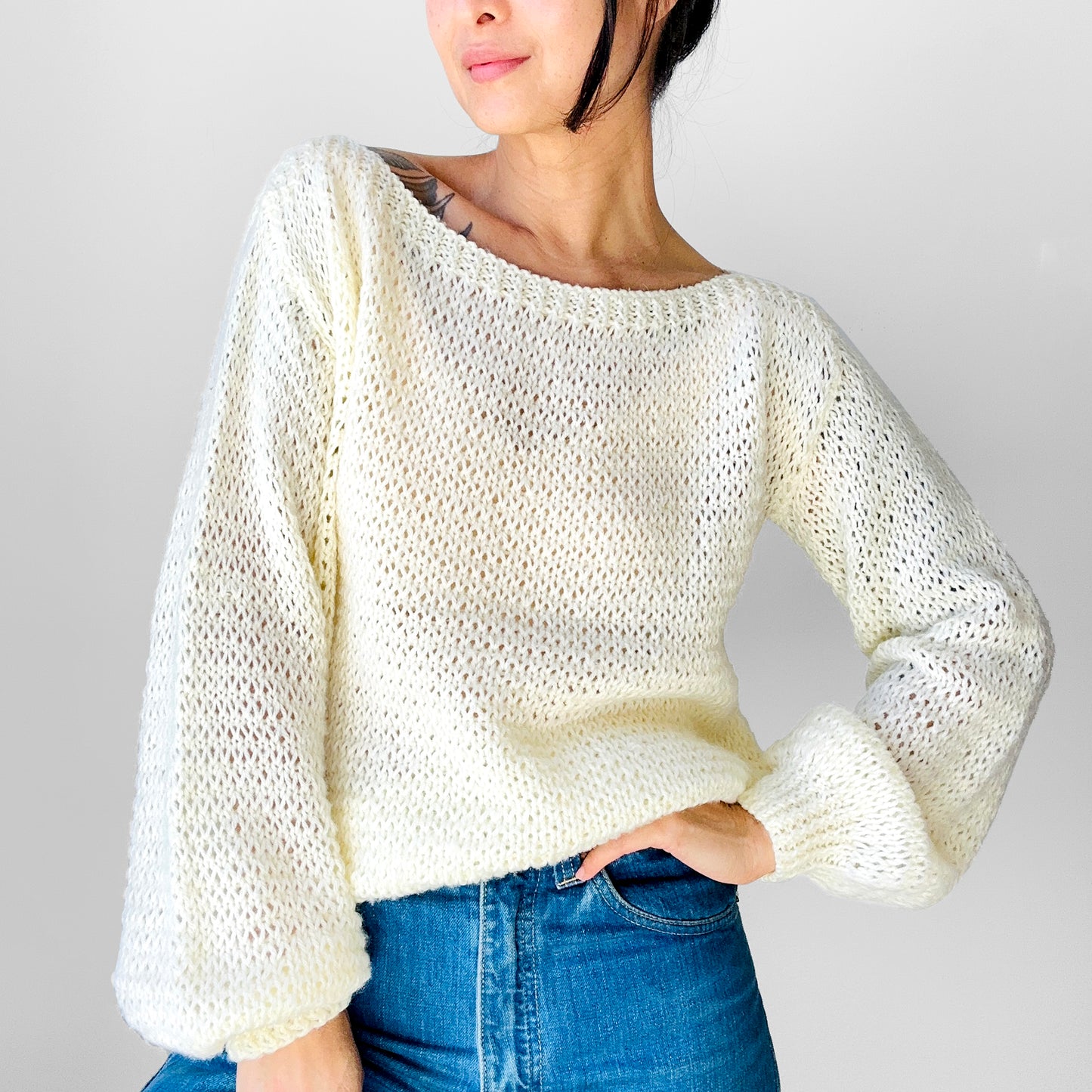 1970s - 1980s Butter Cream Long Sleeve Boatneck Acrylic Knit Long Sleeve Top - Sz. S