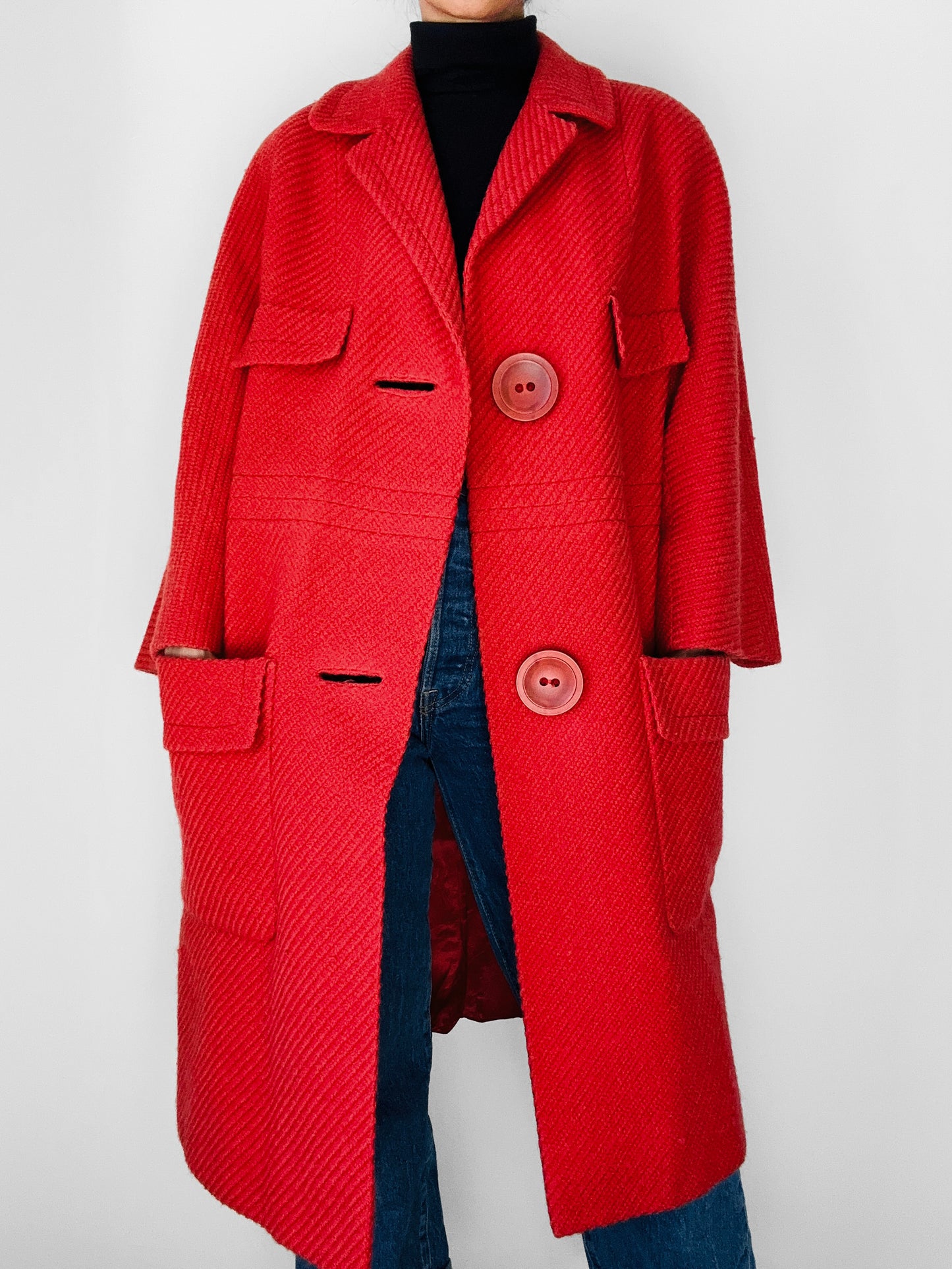 1960s Coral Red Wool Blend Large Button Shift Coat