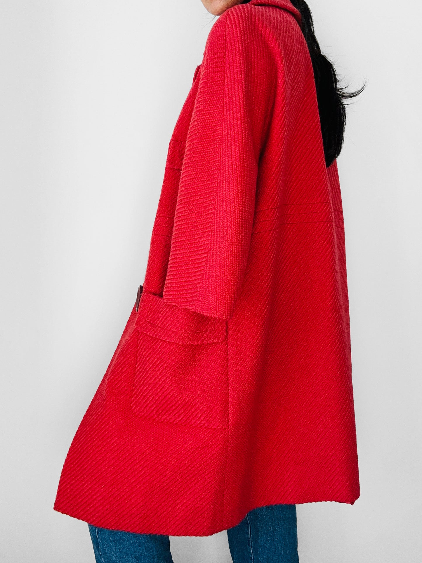 1960s Coral Red Wool Blend Large Button Shift Coat