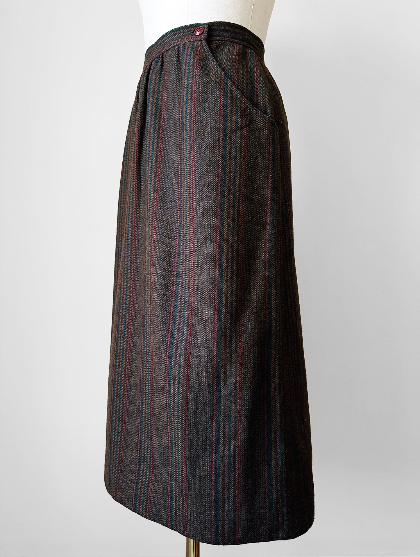 1970s Taupe Blue Red Stripe Aline Wool Skirt - Sz. S