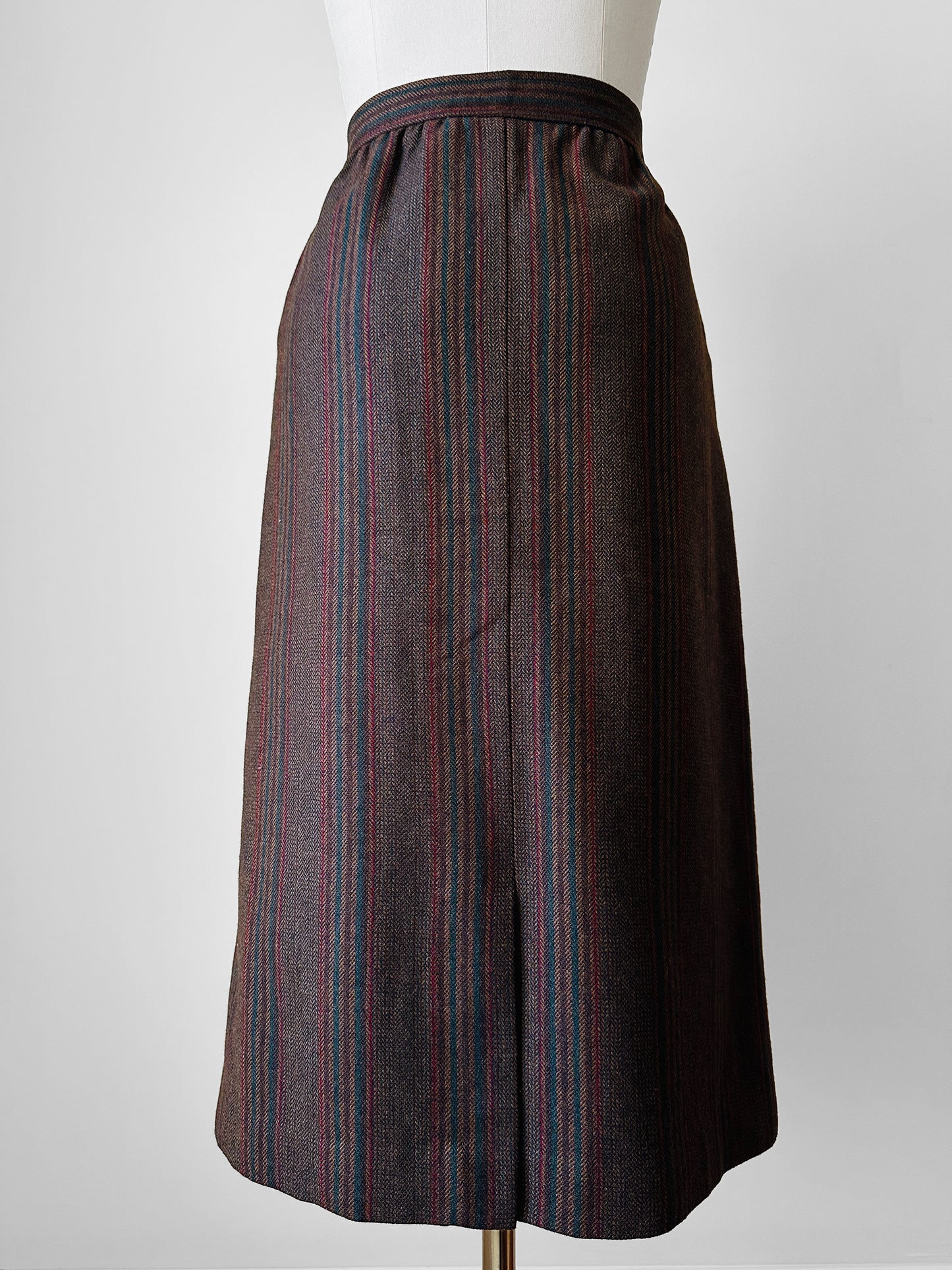 1970s Taupe Blue Red Stripe Aline Wool Skirt - Sz. S