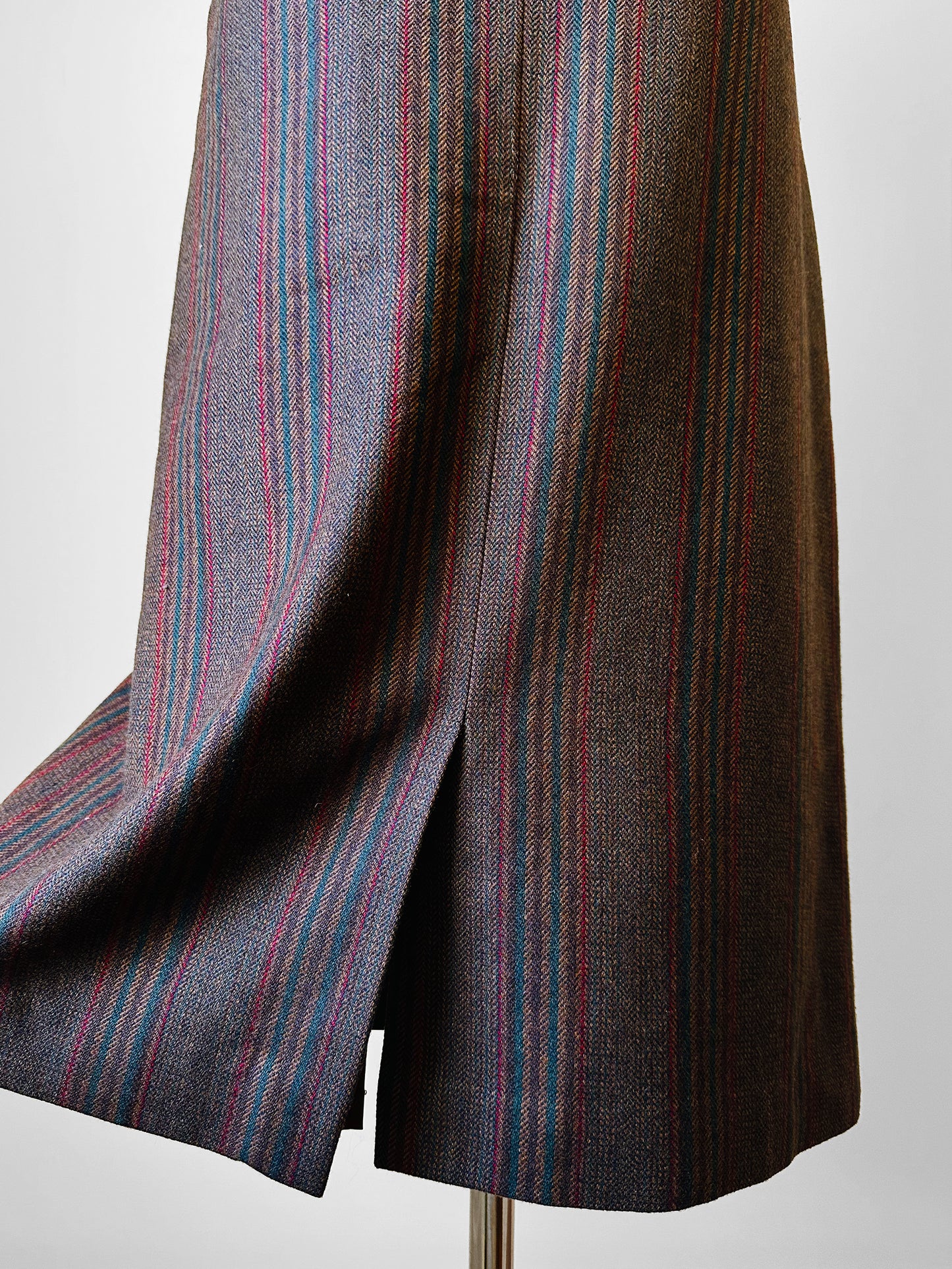 1970s Taupe Blue Red Stripe Aline Wool Skirt - Sz. S