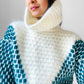 Teal and Cream Wool Turtleneck Patterned Oversized Knit Pullover Sweater