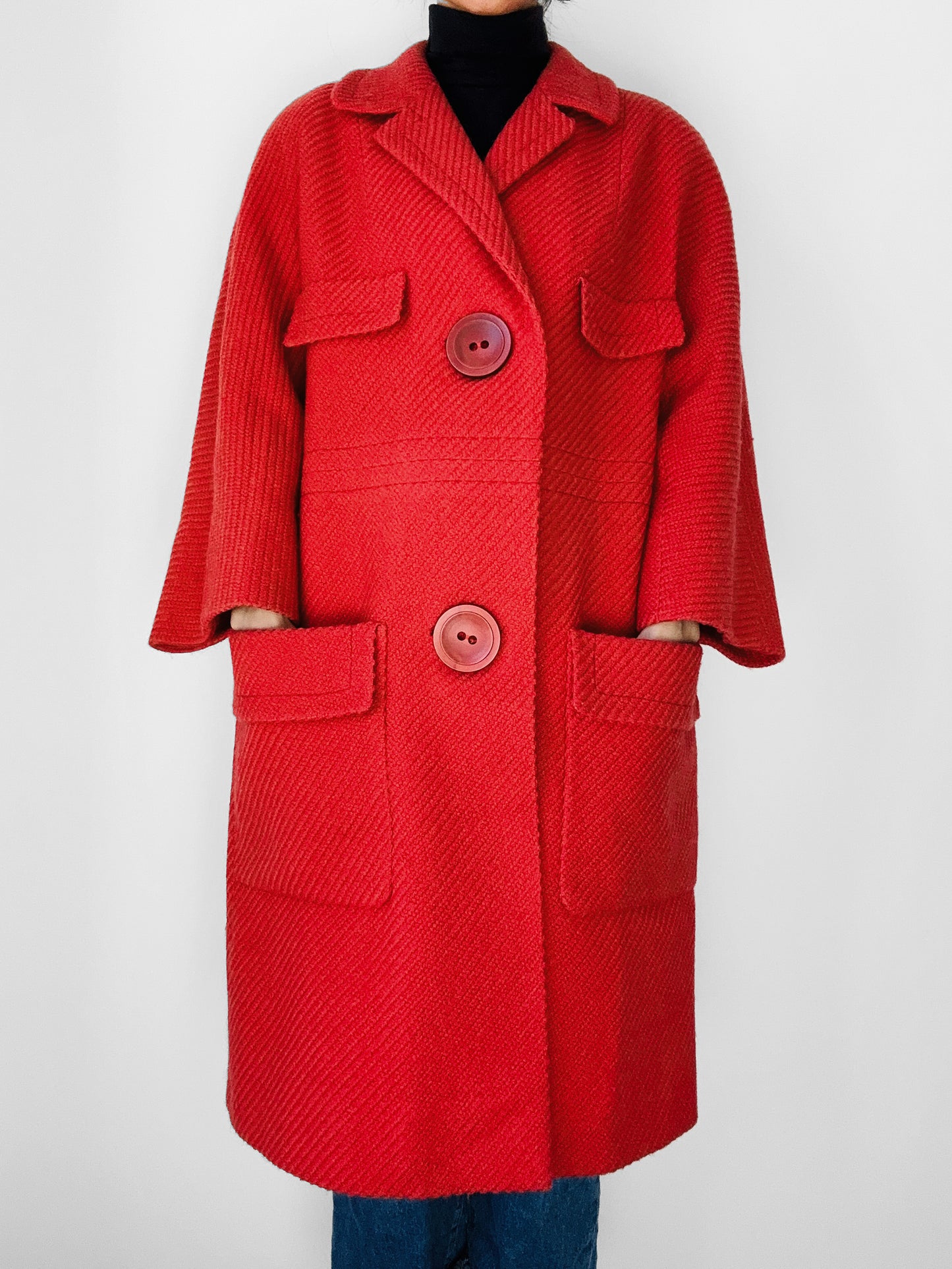 1960s Coral Red Wool Blend Large Button Shift Coat