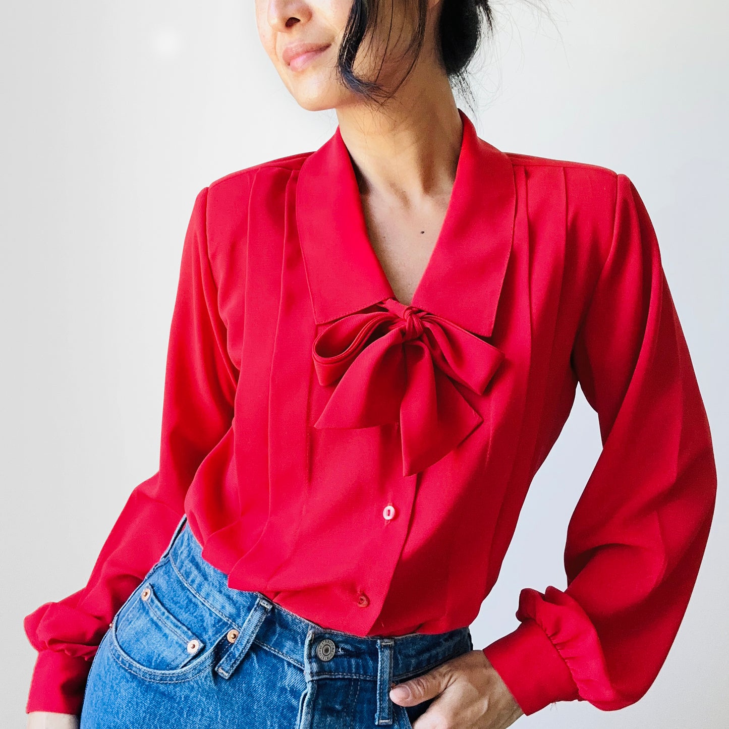 1970s - 1980s Red Pleated Chest Tied Neck Blouse - Sz. S