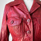 1970s Style Deep Cranberry Red Leather Tapered Waist Midi-Length Coat - Sz. Small