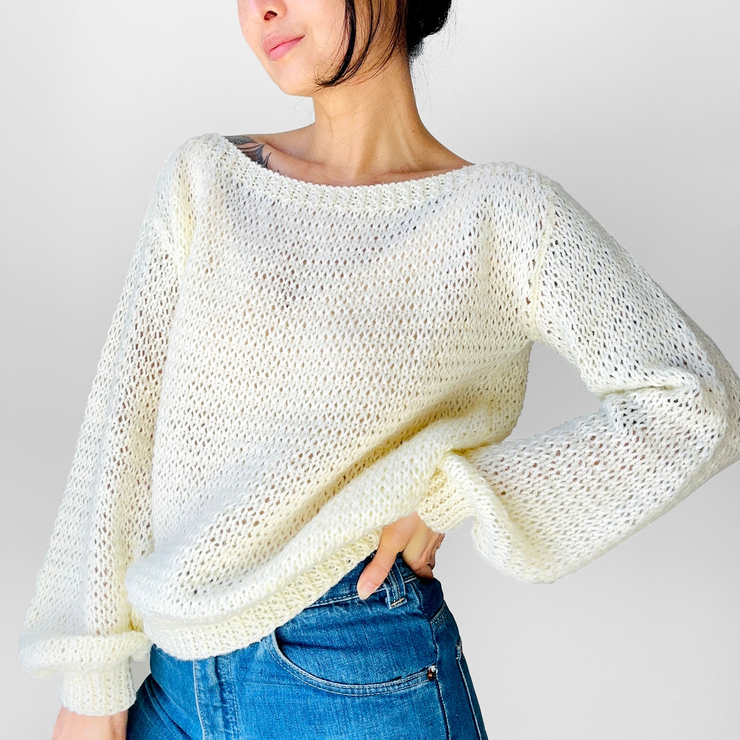 1970s - 1980s Butter Cream Long Sleeve Boatneck Acrylic Knit Long Sleeve Top - Sz. S