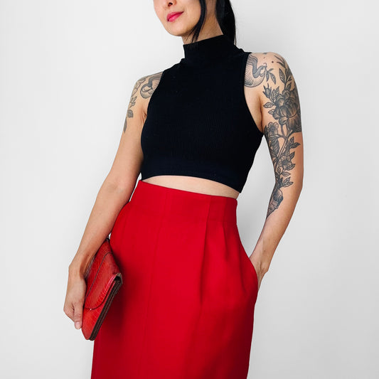 1980s Red High-Waisted Midi-Length Split-Front Wool Skirt