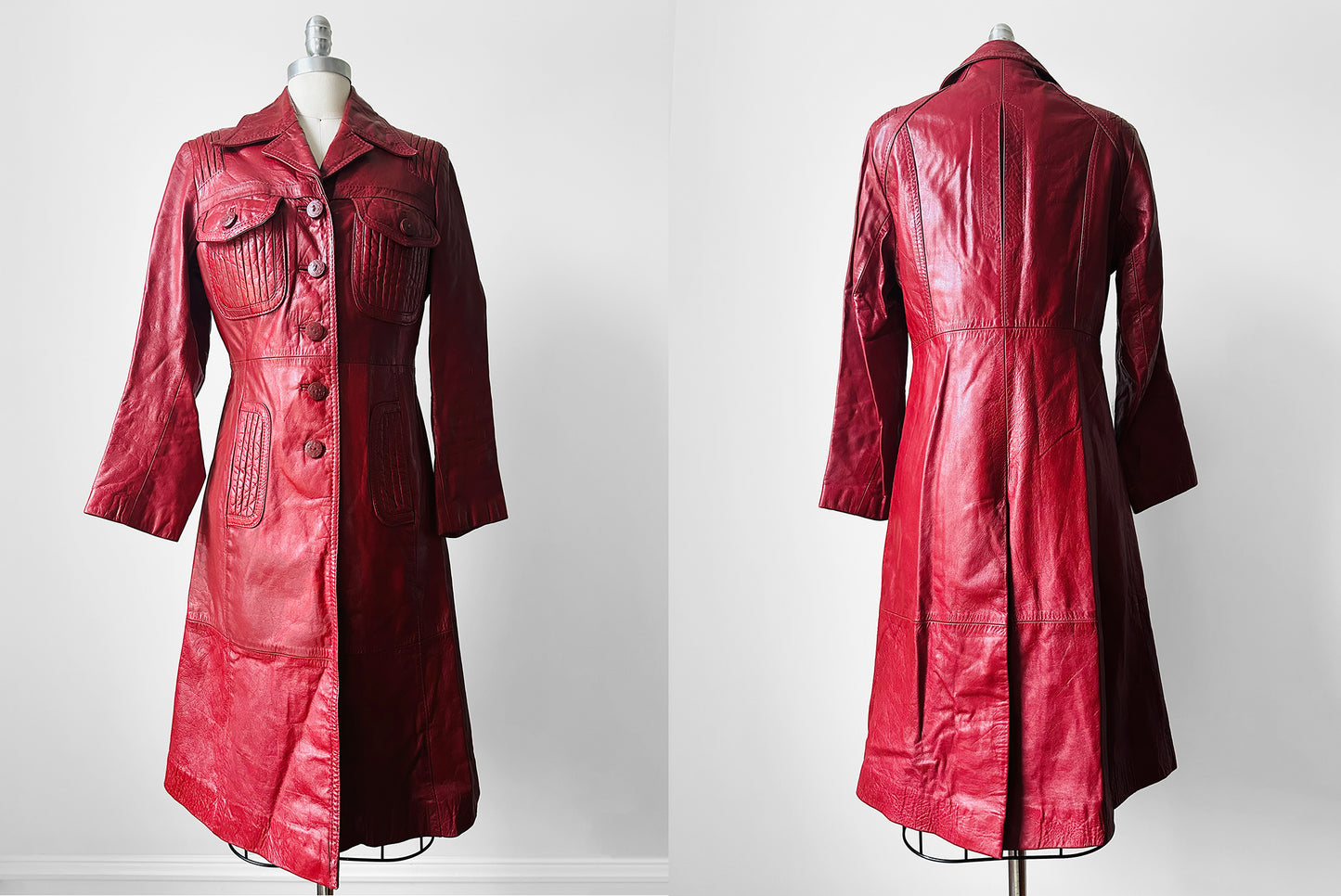 1970s Style Deep Cranberry Red Leather Tapered Waist Midi-Length Coat - Sz. Small