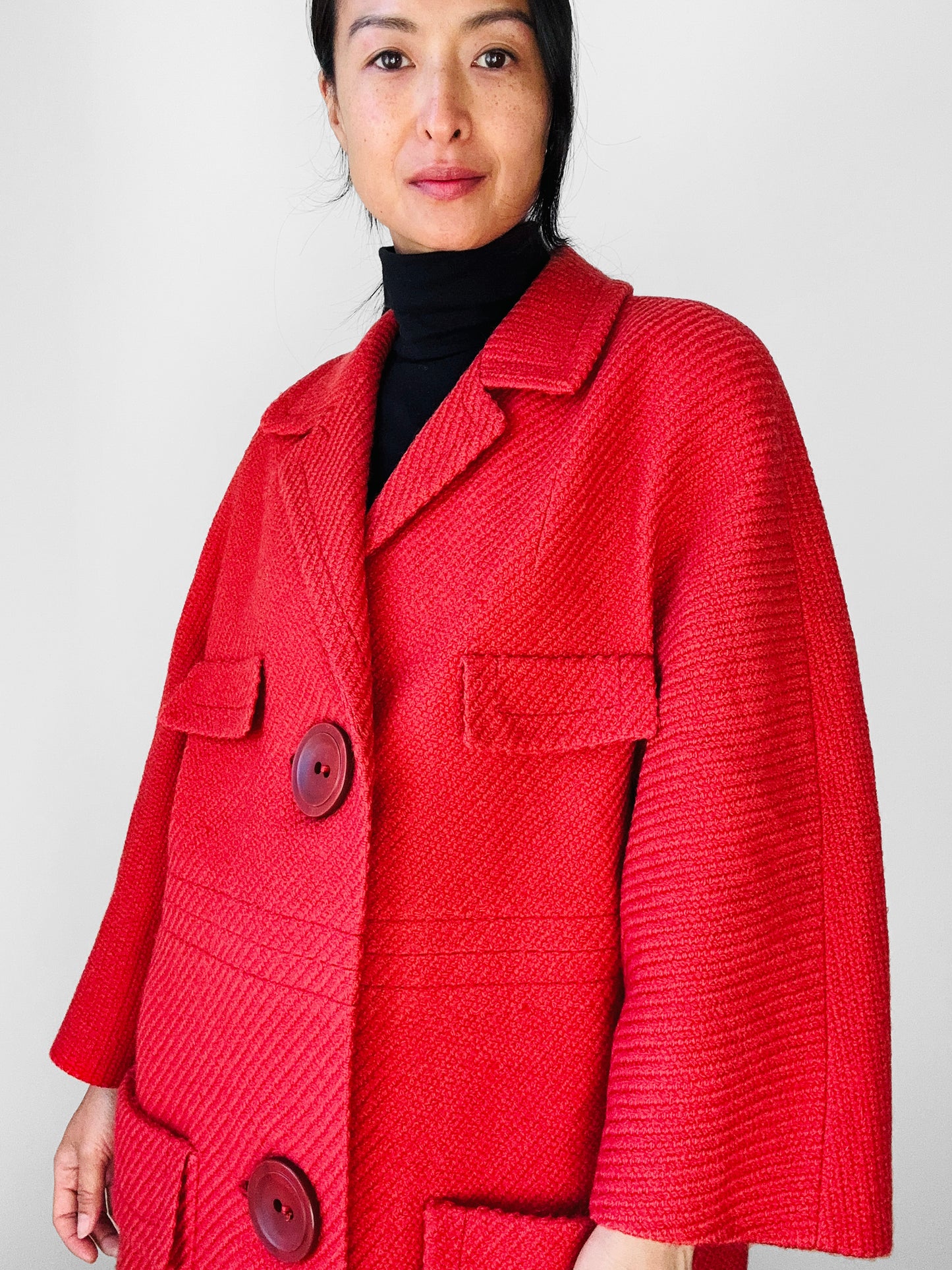 1960s Coral Red Wool Blend Large Button Shift Coat