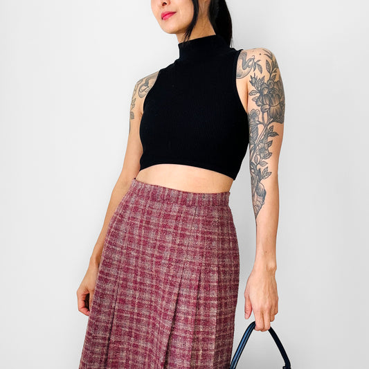 1970s Plum Plaid Pleated Front A-Line Midi-Length Wool Blend Skirt