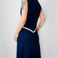 Vintage 1970s Sapphire Blue with Cream Trim Zippered Designer Knitted Jersey Dress with Belted Collar Detail - Sz. S