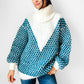 Teal and Cream Wool Turtleneck Patterned Oversized Knit Pullover Sweater