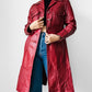 1970s Style Deep Cranberry Red Leather Tapered Waist Midi-Length Coat - Sz. Small