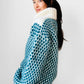 Teal and Cream Wool Turtleneck Patterned Oversized Knit Pullover Sweater