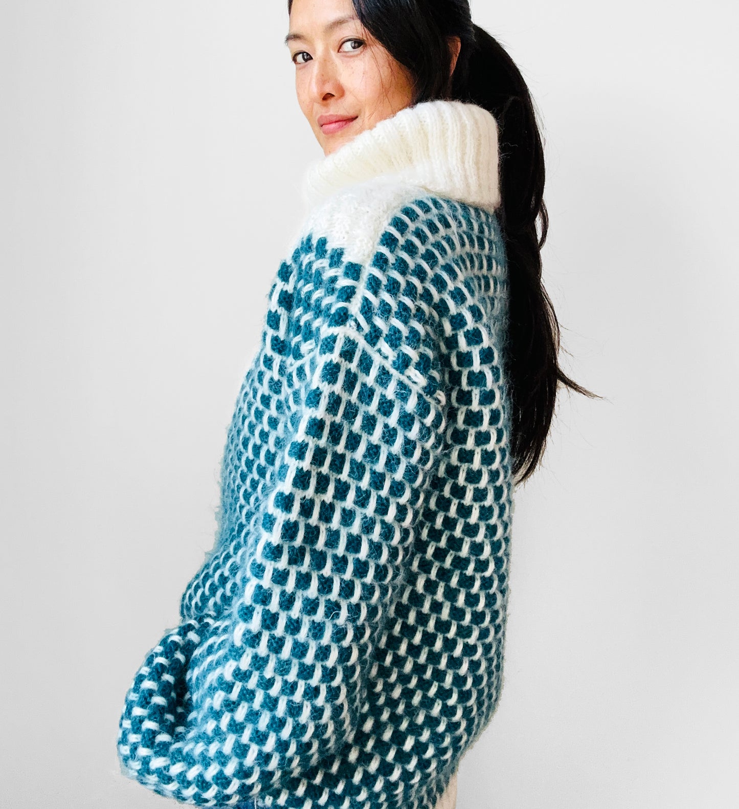 Teal and Cream Wool Turtleneck Patterned Oversized Knit Pullover Sweater