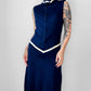Vintage 1970s Sapphire Blue with Cream Trim Zippered Designer Knitted Jersey Dress with Belted Collar Detail - Sz. S