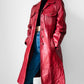 1970s Style Deep Cranberry Red Leather Tapered Waist Midi-Length Coat - Sz. Small