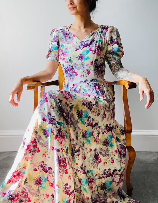 1930s Floor Length Floral Peplum Waist Dress - Sz. Sm