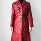 1970s Style Deep Cranberry Red Leather Tapered Waist Midi-Length Coat - Sz. Small