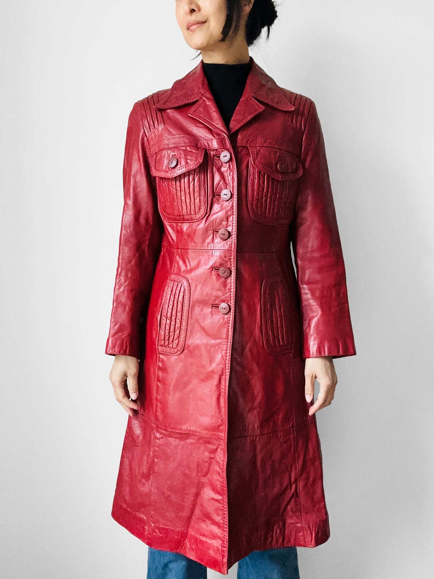 1970s Style Deep Cranberry Red Leather Tapered Waist Midi-Length Coat - Sz. Small