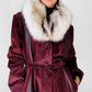 1970s Burgundy Suede Leather Fur Collared Belted Midi-Length Coat