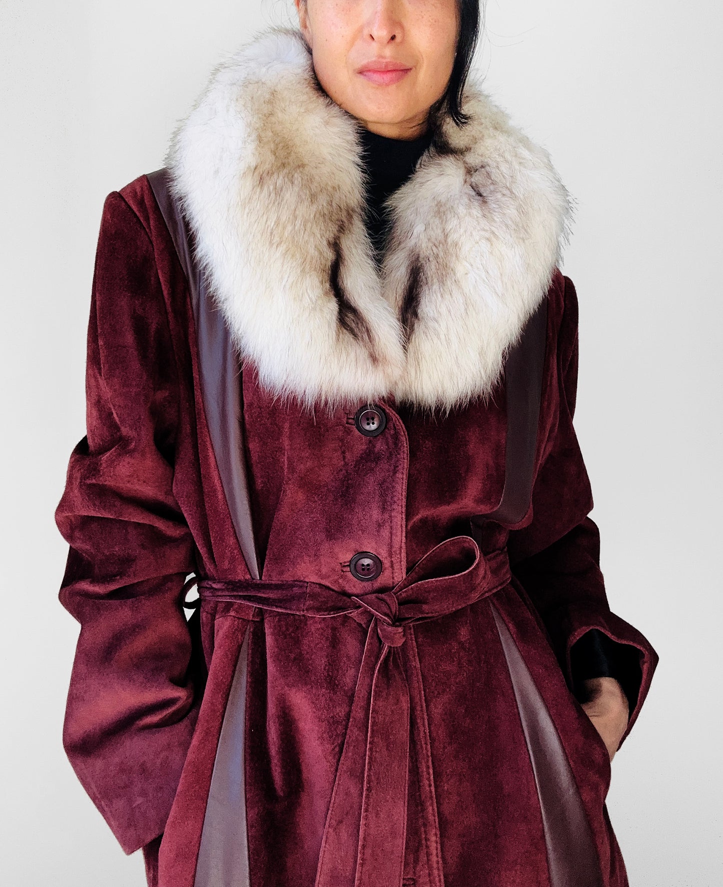 1970s Burgundy Suede Leather Fur Collared Belted Midi-Length Coat