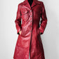 1970s Style Deep Cranberry Red Leather Tapered Waist Midi-Length Coat - Sz. Small