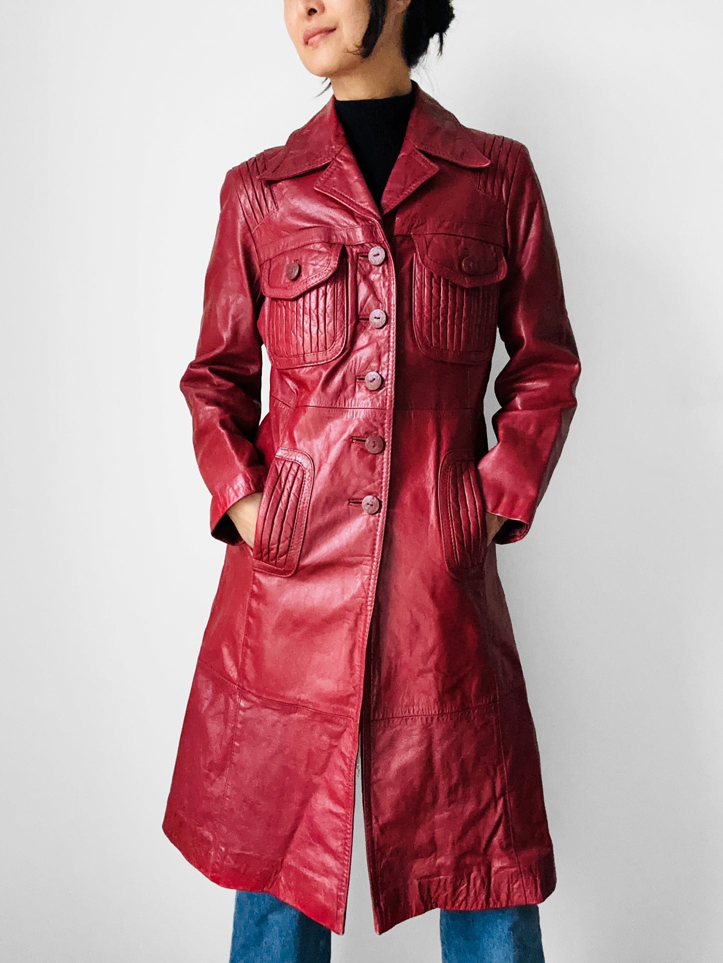 1970s Style Deep Cranberry Red Leather Tapered Waist Midi-Length Coat - Sz. Small