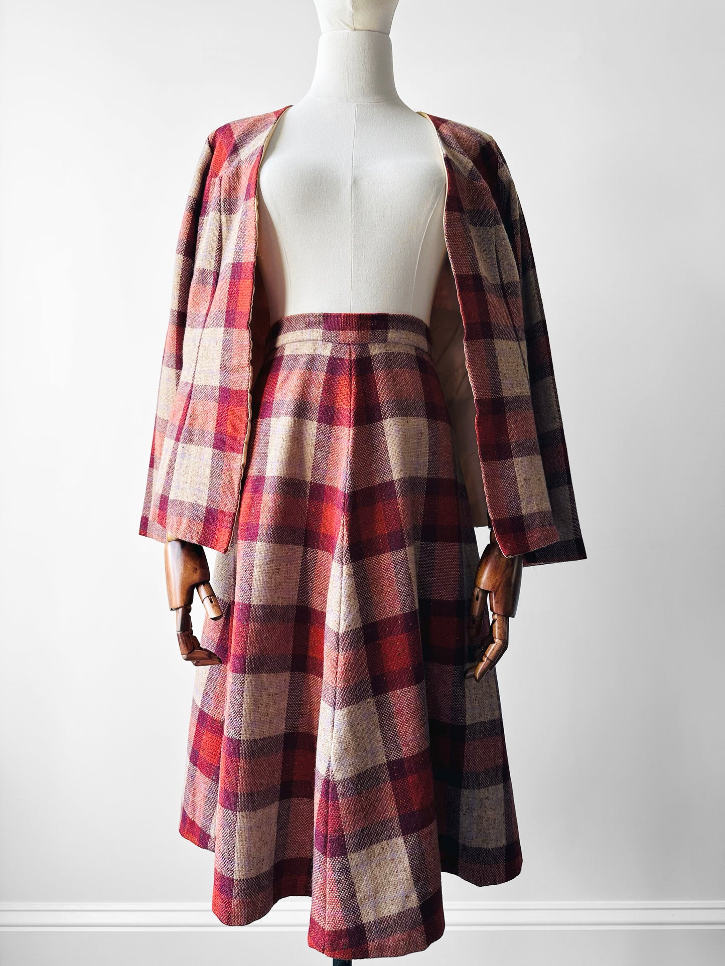 1960s - 1970s Red Plaid Wool Skirt and Jacket Set - Sz. XS/S