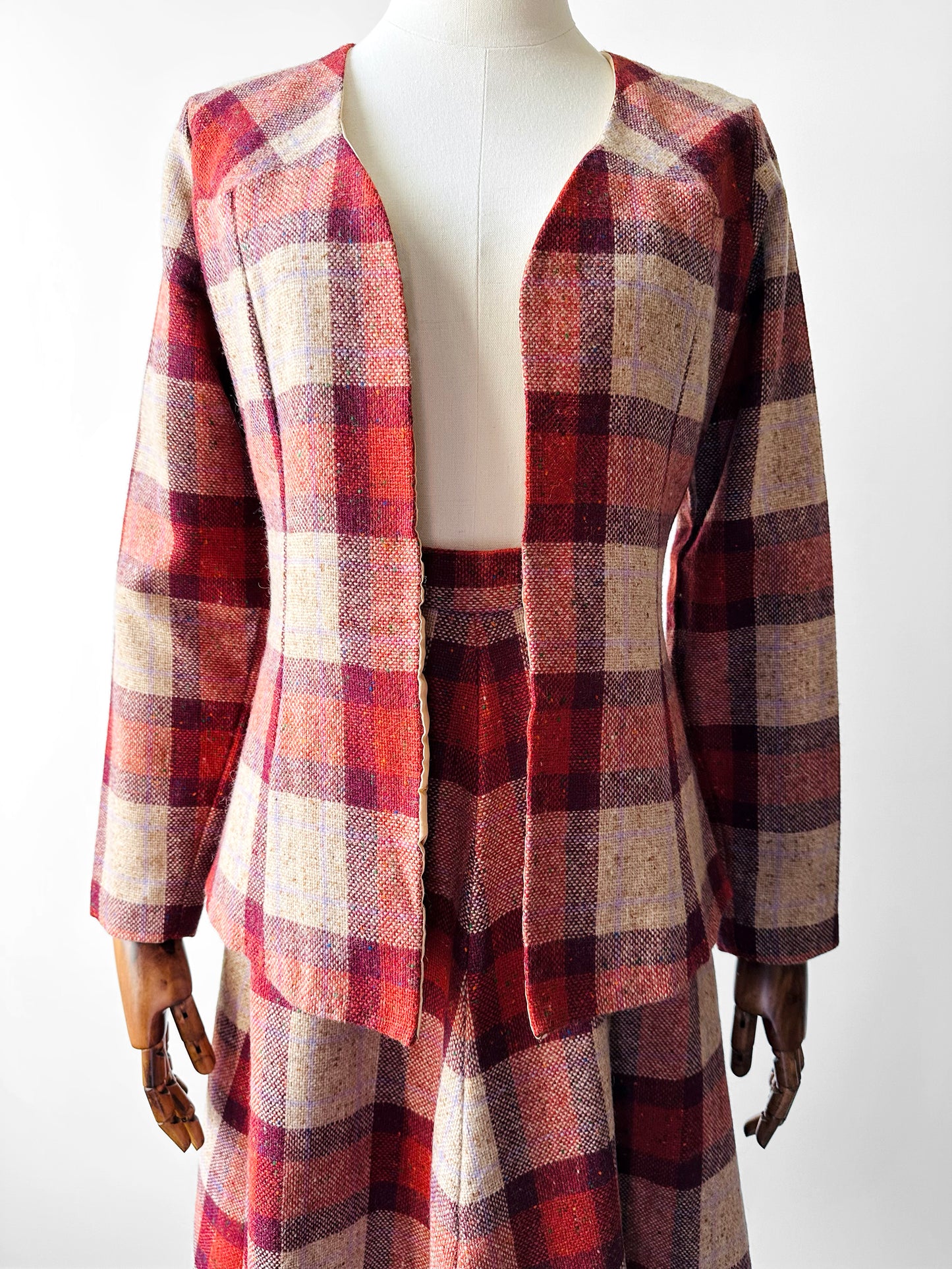 1960s - 1970s Red Plaid Wool Skirt and Jacket Set - Sz. XS/S