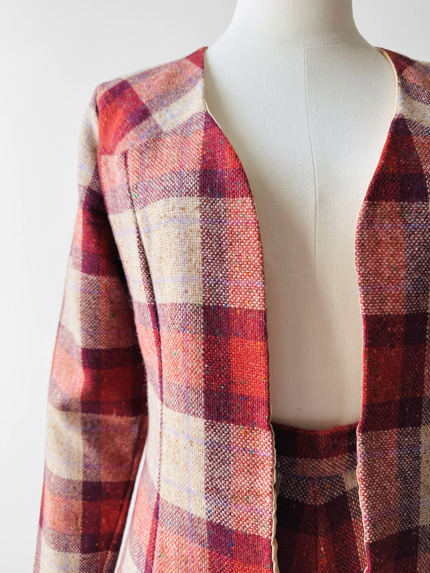 1960s - 1970s Red Plaid Wool Skirt and Jacket Set - Sz. XS/S