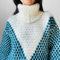 Teal and Cream Wool Turtleneck Patterned Oversized Knit Pullover Sweater