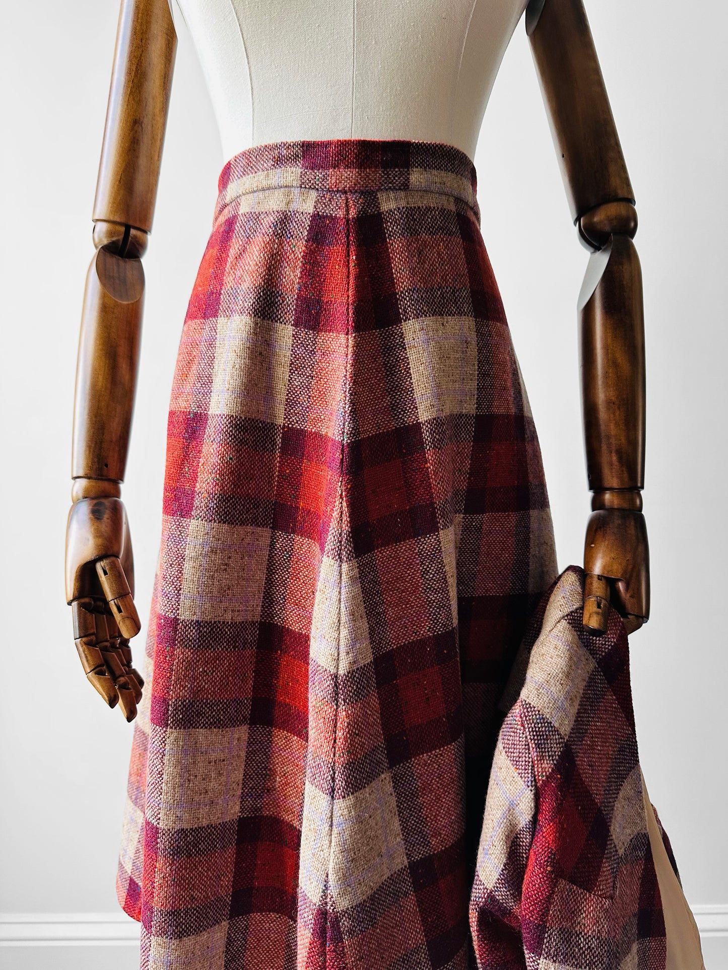 1960s - 1970s Red Plaid Wool Skirt and Jacket Set - Sz. XS/S