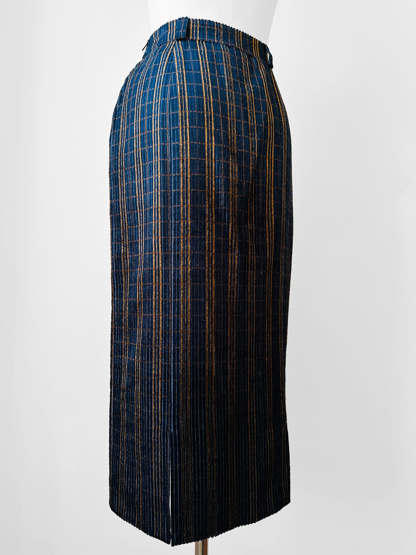 1980s Blue and Gold West Germany Textured Straight Split-Front / Back Wool Blend Skirt - Sz. S