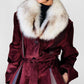 1970s Burgundy Suede Leather Fur Collared Belted Midi-Length Coat