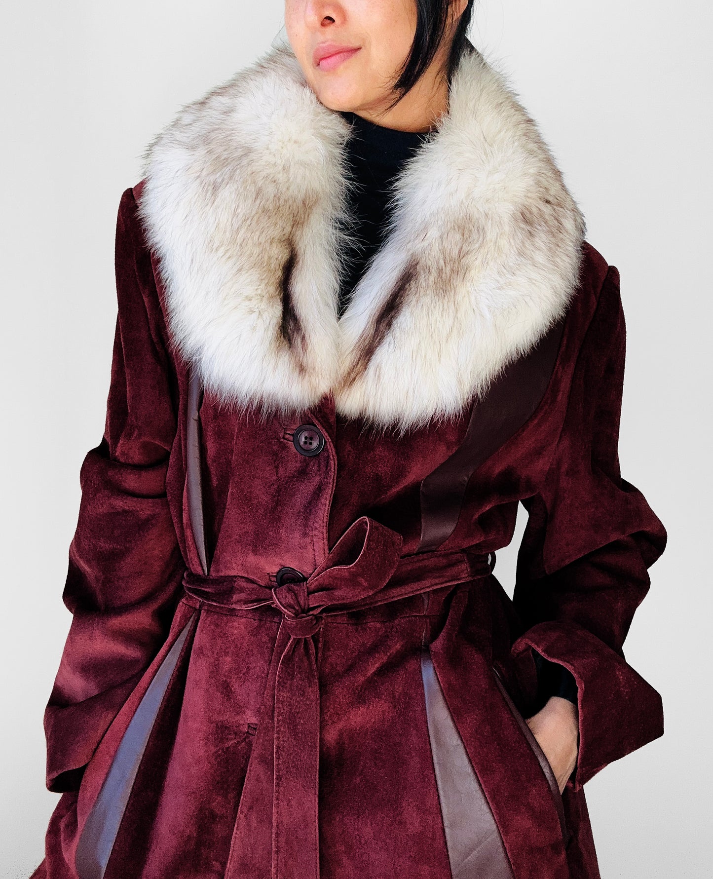 1970s Burgundy Suede Leather Fur Collared Belted Midi-Length Coat