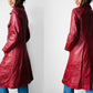 1970s Style Deep Cranberry Red Leather Tapered Waist Midi-Length Coat - Sz. Small