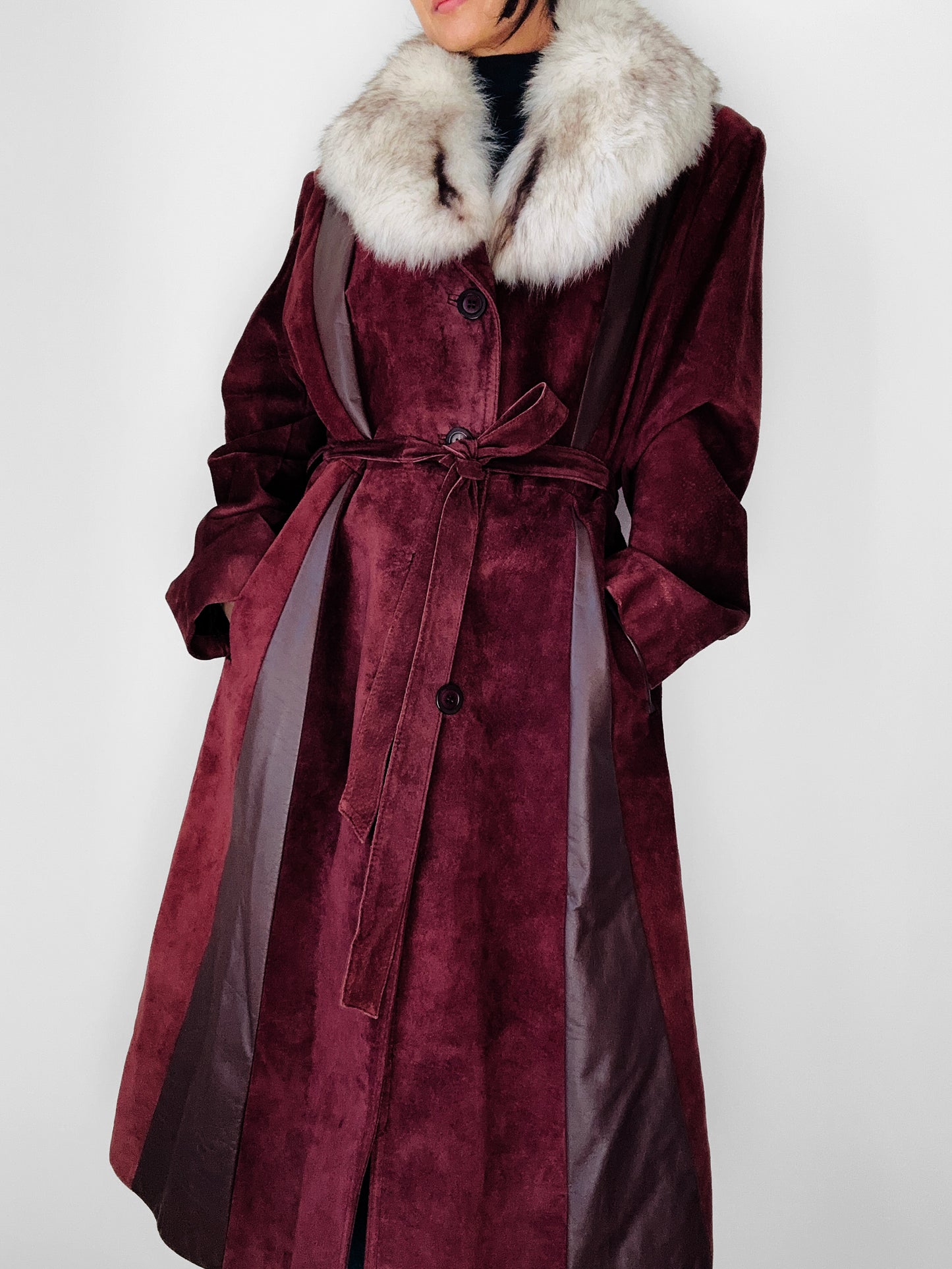 1970s Burgundy Suede Leather Fur Collared Belted Midi-Length Coat