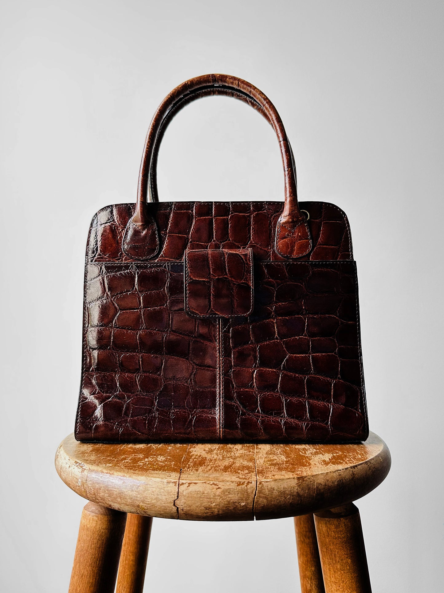 Late 20th Century Auburn Brown Textured Leather Handbag