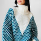 Teal and Cream Wool Turtleneck Patterned Oversized Knit Pullover Sweater