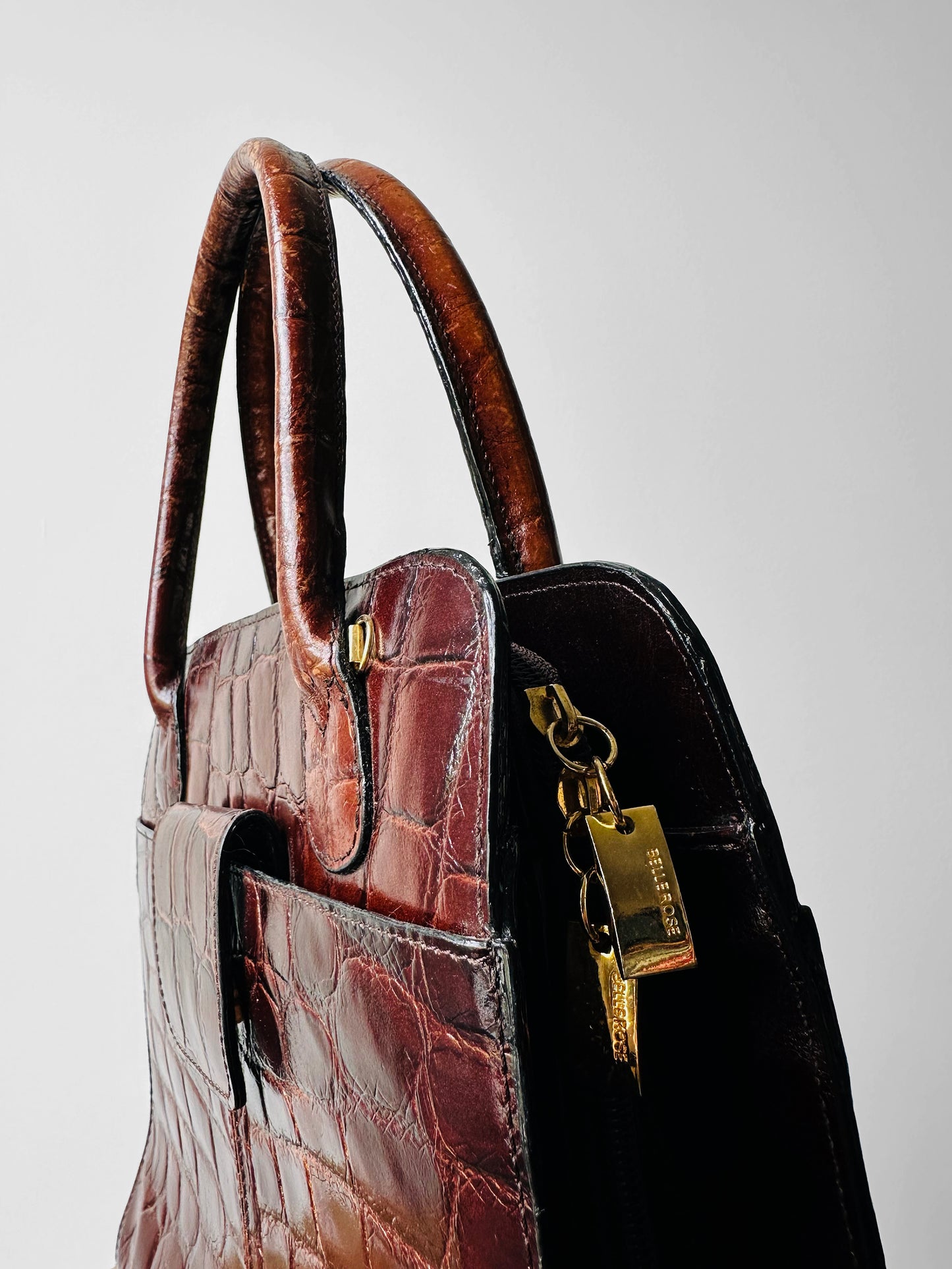Late 20th Century Auburn Brown Textured Leather Handbag