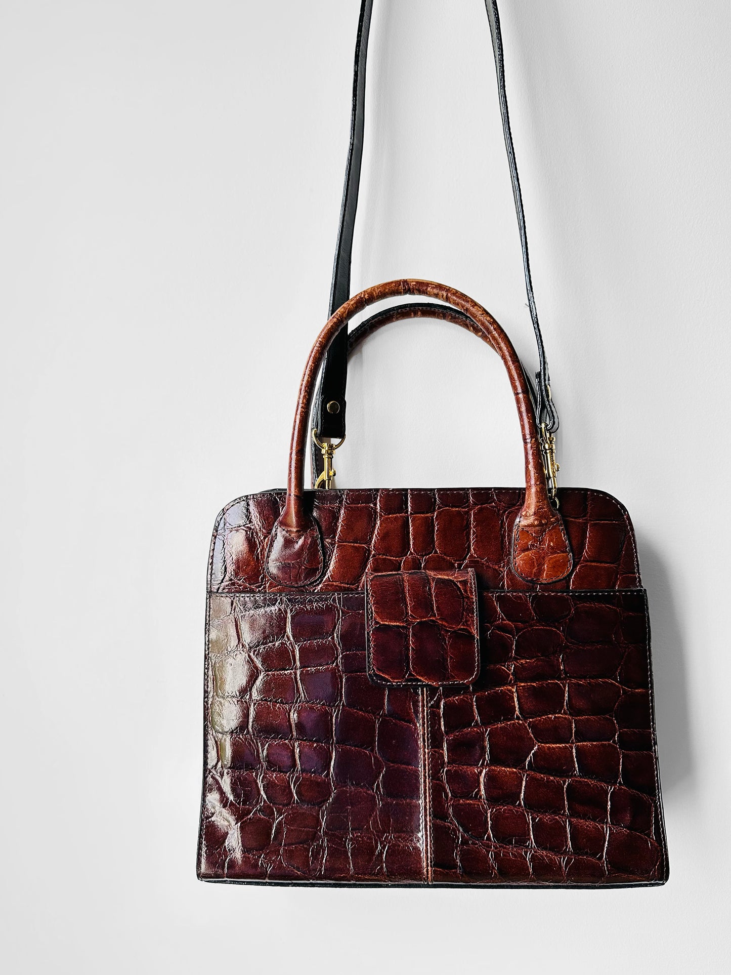 Late 20th Century Auburn Brown Textured Leather Handbag